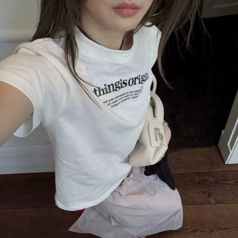 Korean Dongdaemun 2026 Summer New Korean Style Casual Versatile Letter Print Short-Sleeve T-Shirt for Women Slim Fit Top Korean Dongdaemun 2026 Summer New Korean Style Casual Versatile Letter Print Short-Sleeve T-Shirt for Women Slim Fit Top