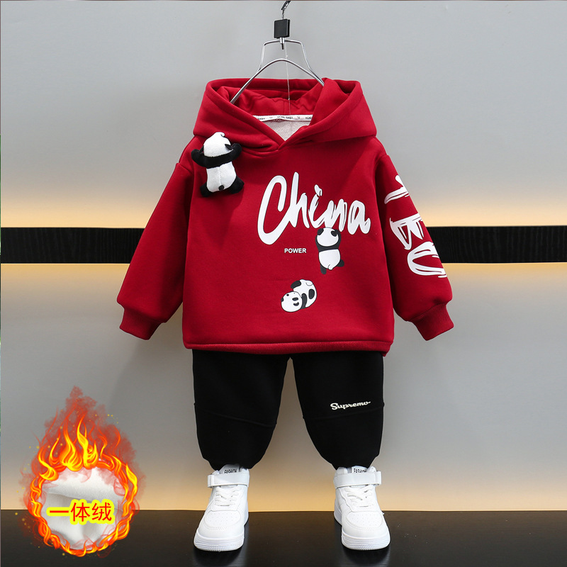 6749 Traje de suéter con capucha para niños 2025 nueva ropa de primavera y otoño para niños otoño e invierno más terciopelo bebé hermoso traje de dos piezas