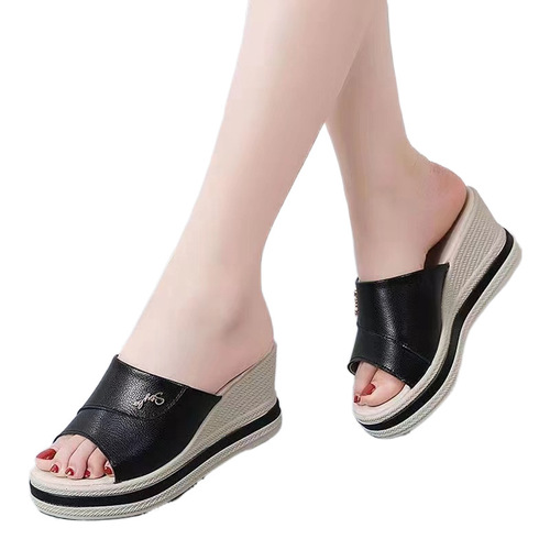 Soft leather slippers for women in summer new style wedge shoes for women in women's shoes for women in versatile scoop cake thick sole heightened one-line sandals for women