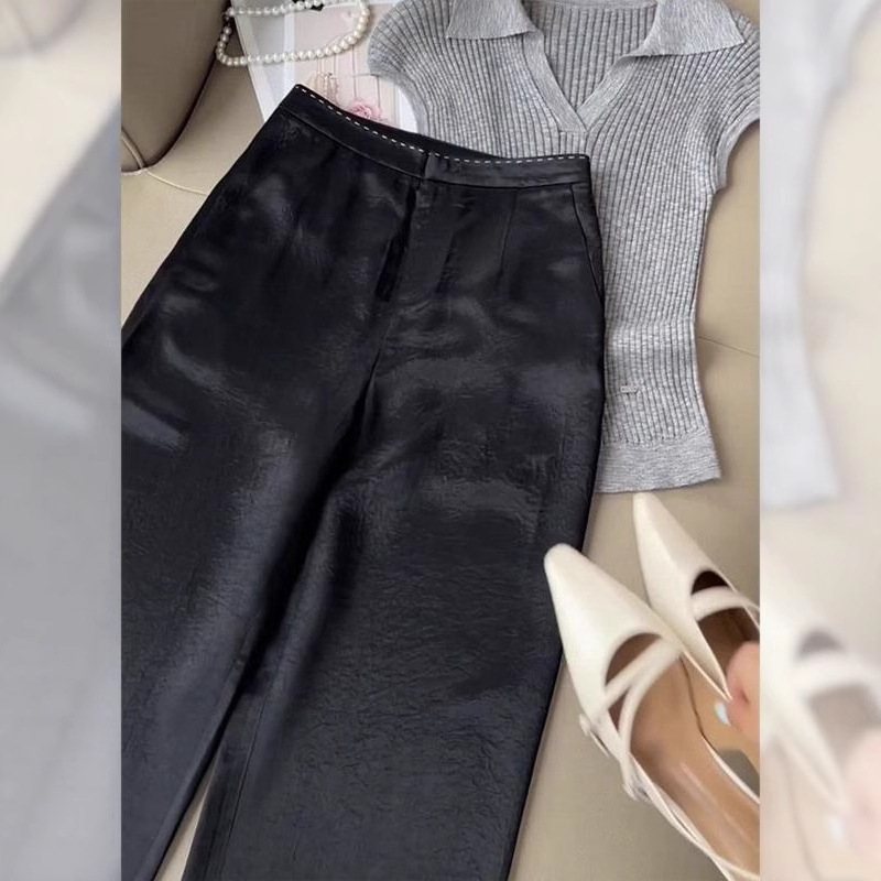 Black Acetate Satin Trousers for Women, Summer 2026, Thin Ice Silk, Loose Drape, Versatile Straight Wide-Leg Pants Black Acetate Satin Trousers for Women, Summer 2026, Thin Ice Silk, Loose Drape, Versatile Straight Wide-Leg Pants