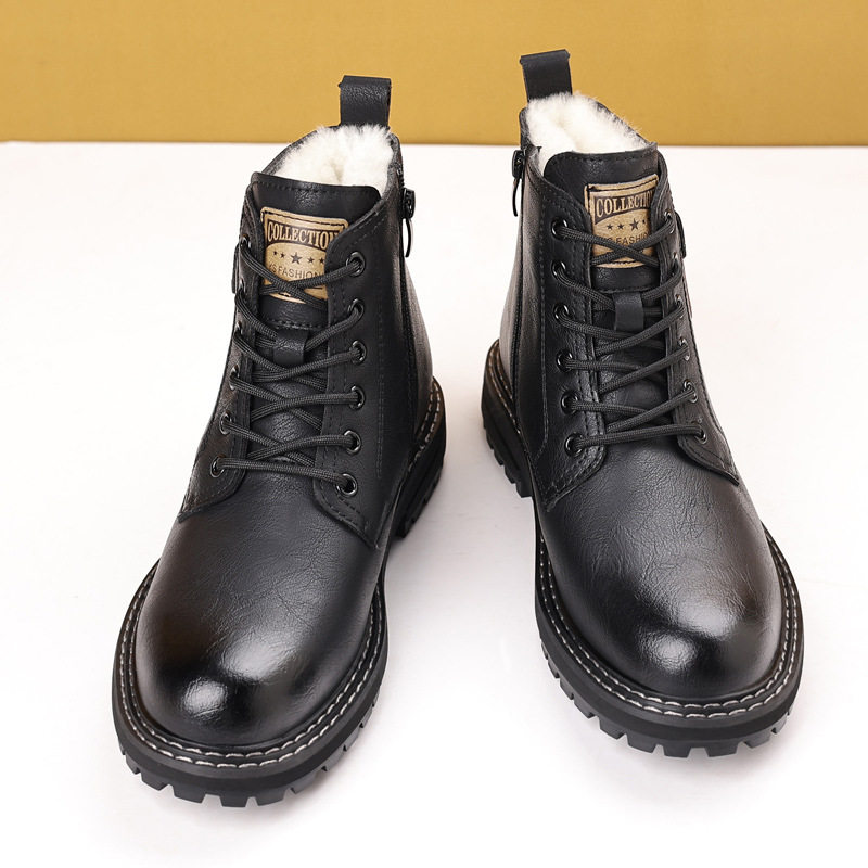 Bốt Martin nam cao cổ da thật buộc dây, gót vừa 3–5 cm, lót lông giữ ấm — Màu nâu cotton, Màu nâu đơn, Màu đen cotton, Màu đen đơn