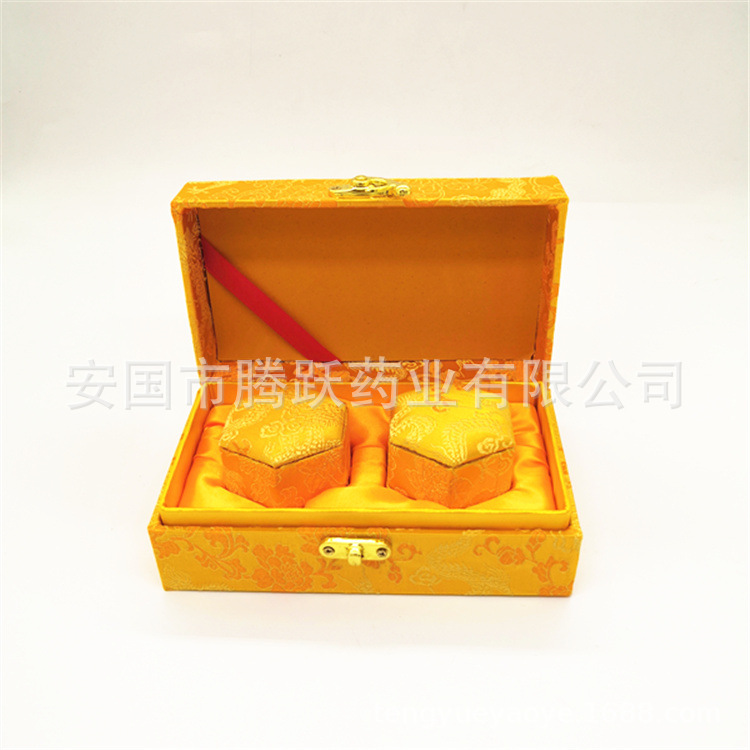 Yellow Brocade Gift Box Hexagonal Empty Pill Box Set of 2 for Herbal Balls and Presents overview