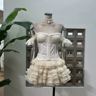 亚马逊少女甜美风鱼骨抹胸上衣+蛋糕提花短裙裤奶杏色套装夏季女