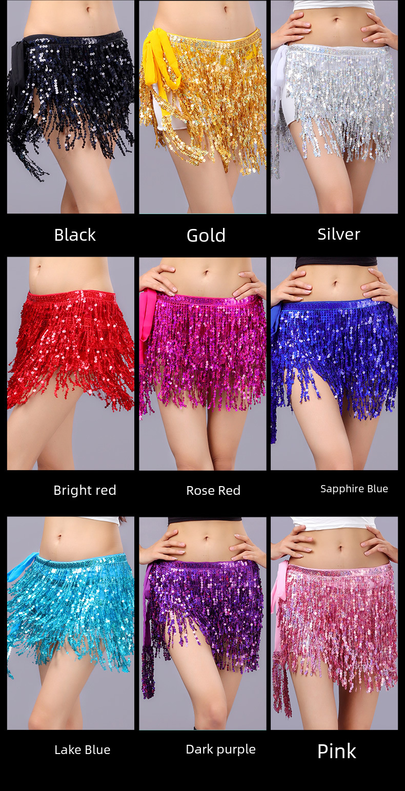 New belly dance sequined tassel waist chain lace-up bead waist towel 4-layer sequined tassel skirt belly dance hip towel