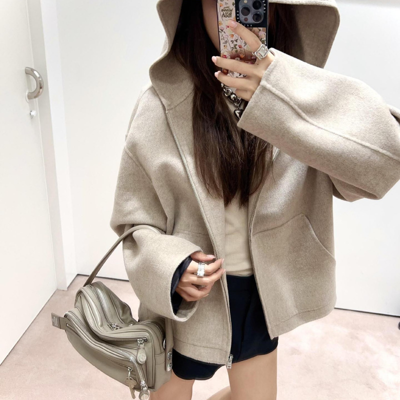 Ac Unisex Loose Casual Simple Wool Blend Zip-Up Hooded Jacket 26 New Double-Sided Nylon Short Coat Ac Unisex Loose Casual Simple Wool Blend Zip-Up Hooded Jacket 26 New Double-Sided Nylon Short Coat