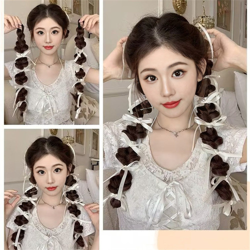 Live-streamed sales: Women's faux hair with ribbons, braided styles, bubble twists, ombre highlights, lantern-style pigtails, and double ponytails—realistic synthetic hair extensions