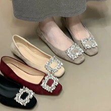 法式方头水钻方扣粗跟红色婚鞋单鞋配裙子2025秋季通勤低跟鞋女