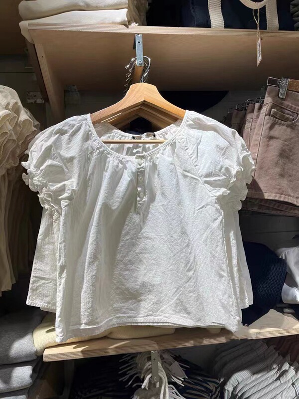 Bm Style American Sweet Style Cotton Round Neck White Button Bm Lace Sleeves Puff Sleeves Short Sleeve T-Shirt Top for Women