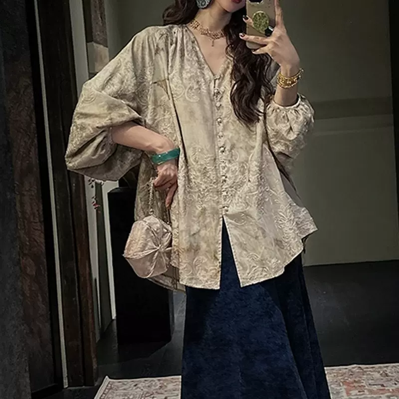 现货【小河山】灯笼袖刺绣晕染印花衬衫2025秋法式别致长袖上