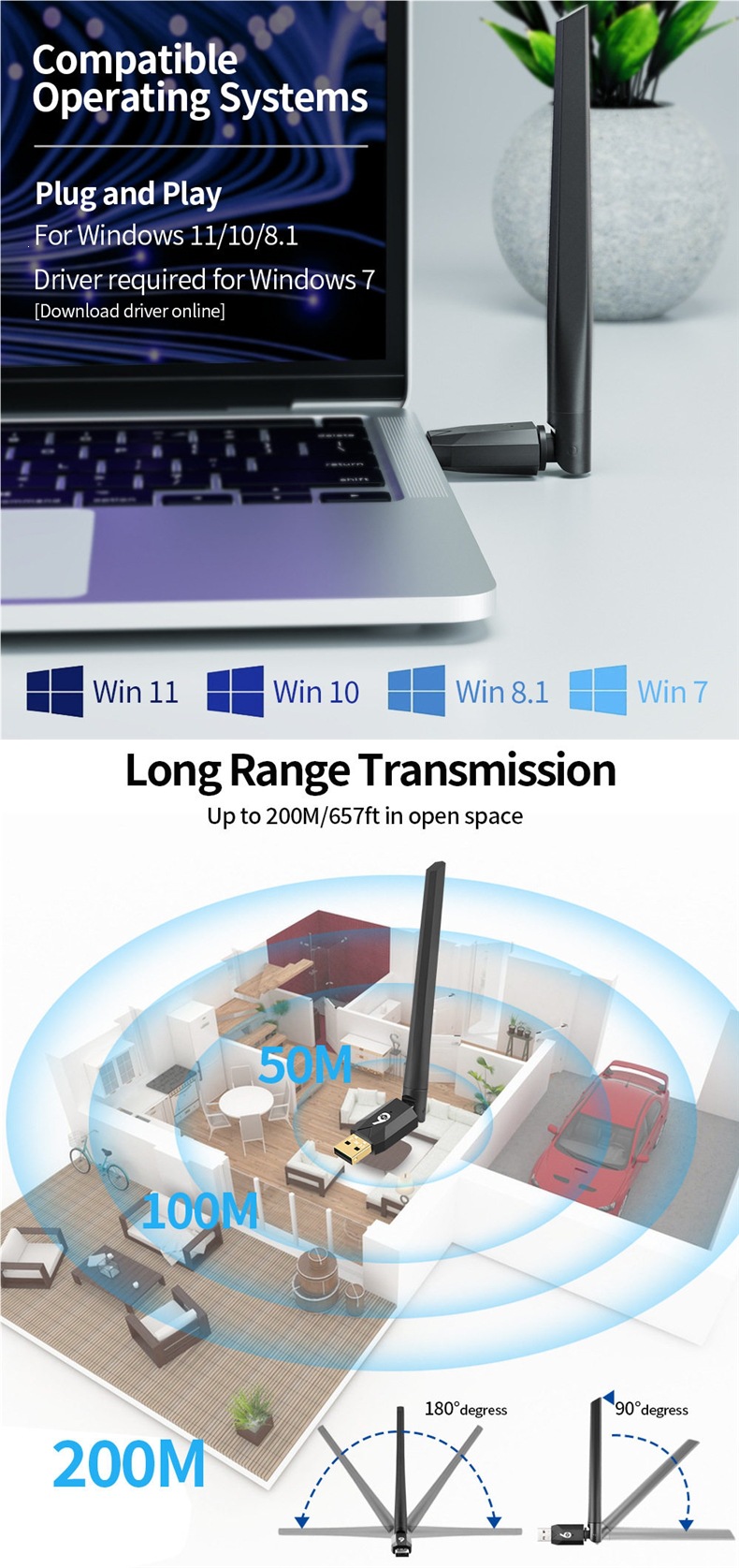 Bluetooth Adapter BT6.0 Driver-Free Desktop Computer USB Audio Receiver and Transmitter PA Gain 200m AAC/SBC