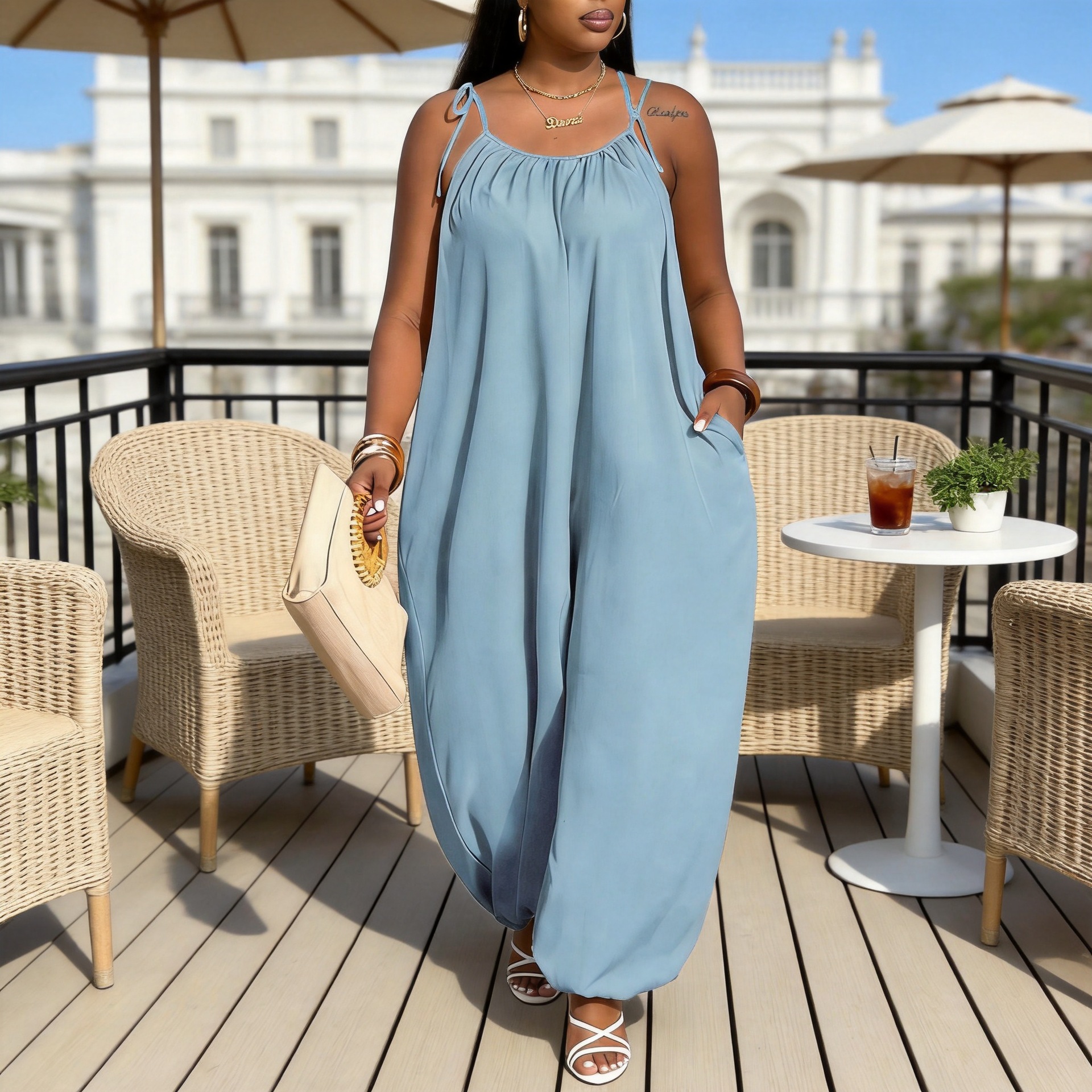 Plus-Size Women's Clothing European and American Cross-Border Independent Site Bohemian Style Solid Color Sleeveless Wide-Leg Jumpsuit with Pockets