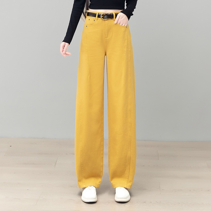 Yellow Denim Wide-Leg Pants for Women, Autumn 2026 New Fashion, Loose Casual Slimming Straight Long Pants, Floor-Length Trousers