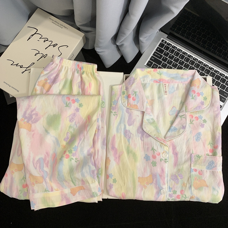 扎染条纹云朵纯棉纱睡衣女春秋季长袖简约可外穿开衫家居服夏套装|undefined