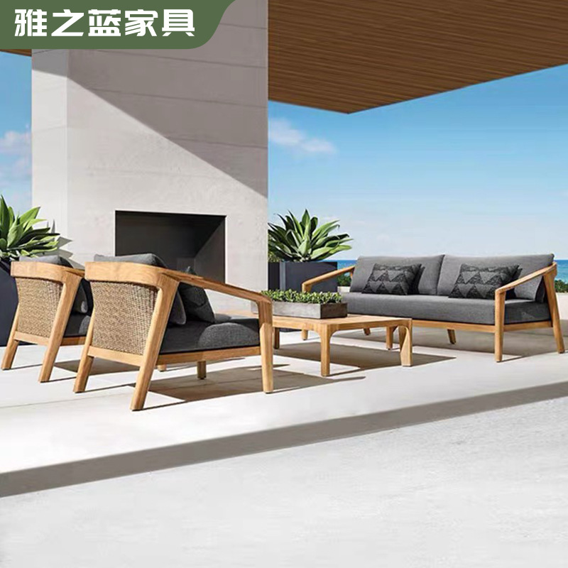 Sofá nórdico de teca al aire libre, sofá de patio al aire libre, impermeable y protector solar, sofá de ratán al aire libre, sofá de madera maciza