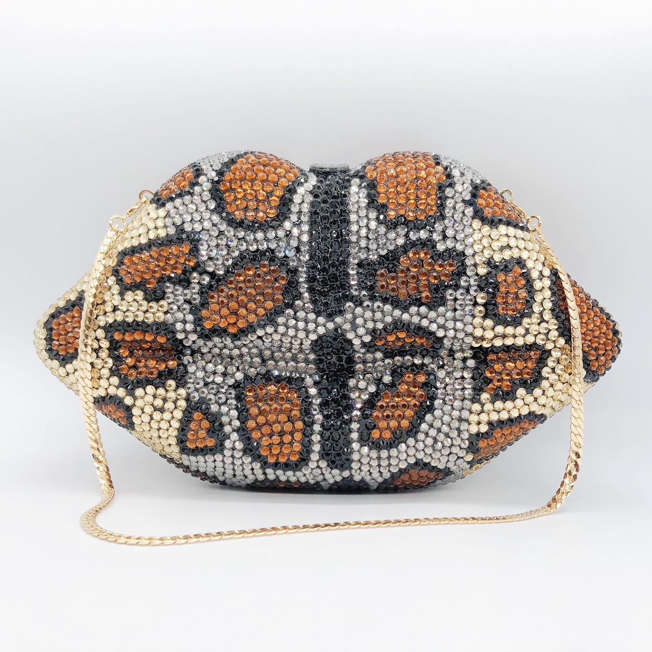 Túi clutch nữ cầm tay đính đá dạ tiệc họa tiết da báo viền môi — Vân báo chi tiết 1