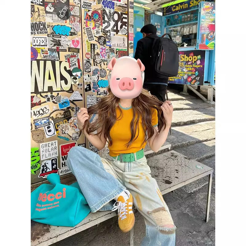 夏季美式复古穿搭女2025新款多巴胺撞色针织短袖破洞牛仔裤两件套|undefined