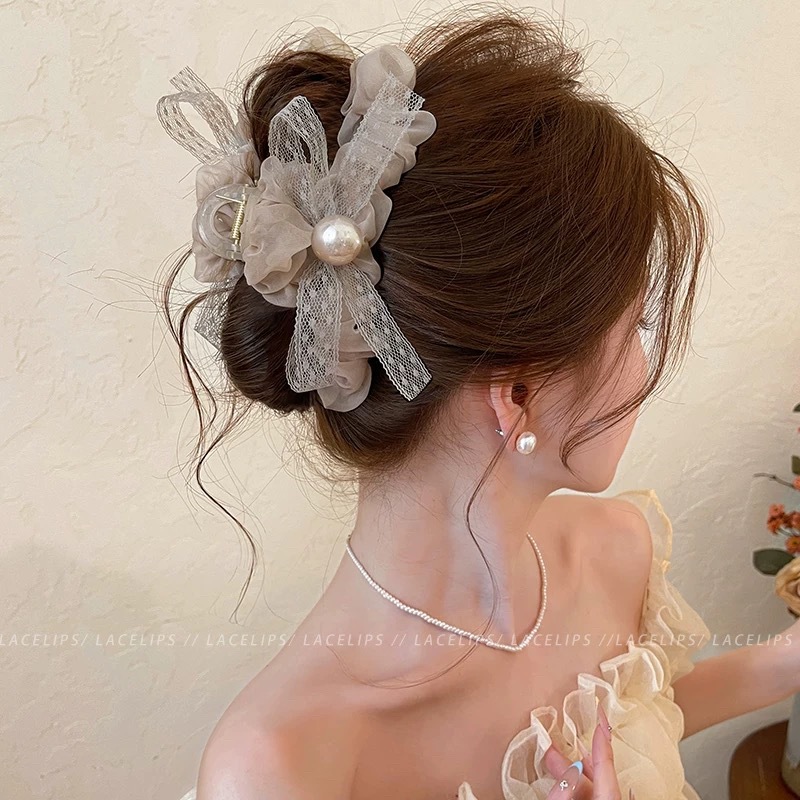 53# [milk tea color] organza puffy pleated lace bow clip about 13cm