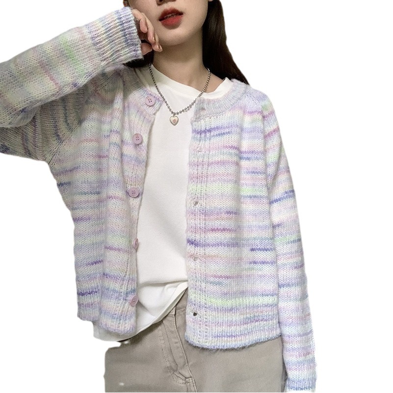 Colorido cuello redondo simple cardigan para mujeres 2023 otoño e invierno nuevo todo-juego abrigo manga larga suelta adelgazamiento ropa de abrigo suéter
