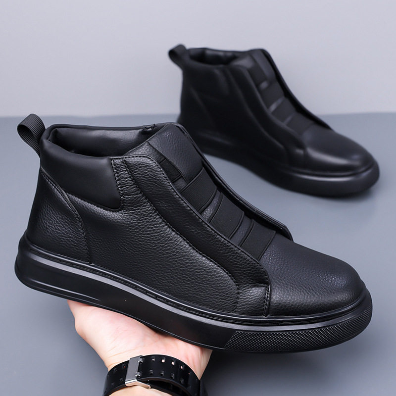 Giày sneaker nam phối da, dây chun co giãn không dây buộc, chống trượt, kiểu lười xỏ chân — Màu trắng, màu đen
