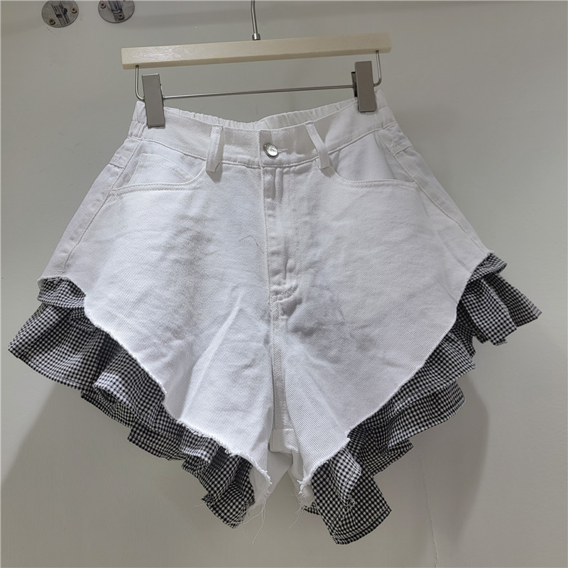 Shorts de Mezclilla con Encaje de Cuadros y Cintura Alta Corte Holgado para Verano