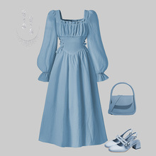 女童连衣裙欧美童装2026春季新款法式方领长袖收腰气质优雅中长裙