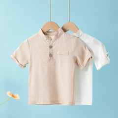 Children's Summer Short Sleeve Top, Casual and Versatile for Boys 2-7 Years Old, Stand Collar, Plain Color Linen Thin Short Sleeve