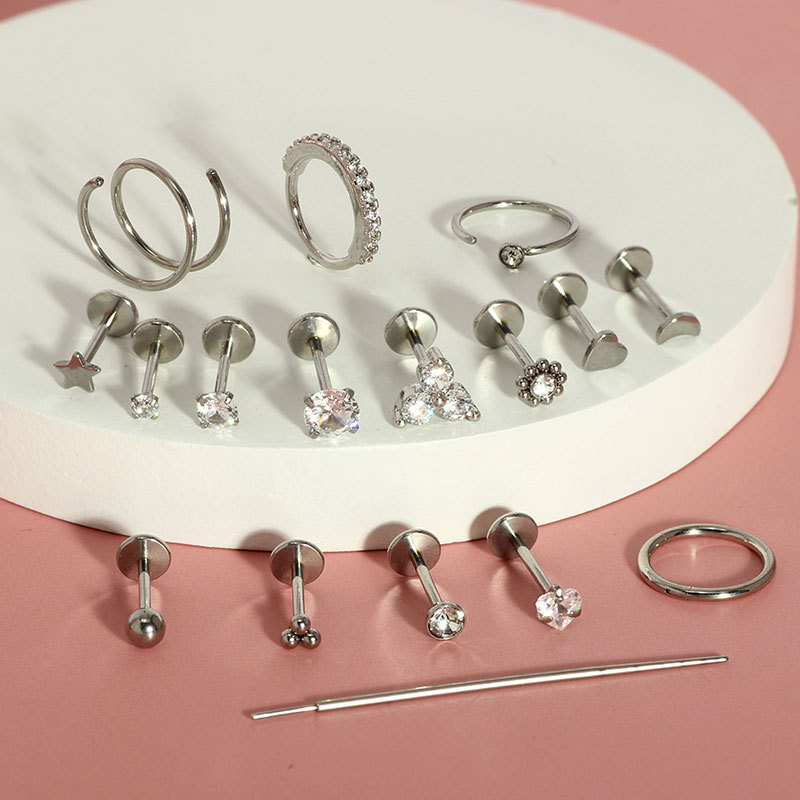 Stainless Steel Flat-Bottom Lip Nose Nail Set with Zircon Heart Design - 17 Pieces Piercing Jewelry detail image 4
