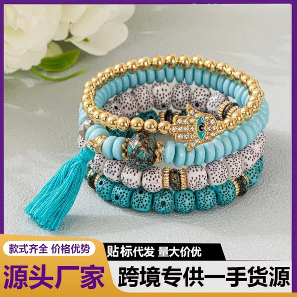Cross-Border Hot Selling Bohemian Style Devil's Eye Tassel Pendant Bracelet Multi-Layer Elastic String Beaded Bracelet