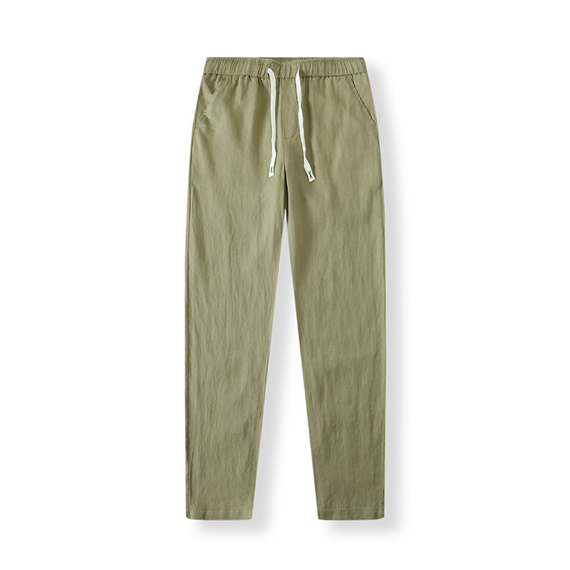 Pure Linen Breathable Chinese Style New Gray Blue Long Summer Thin Simple Casual Men's Pants White_viptrois.com