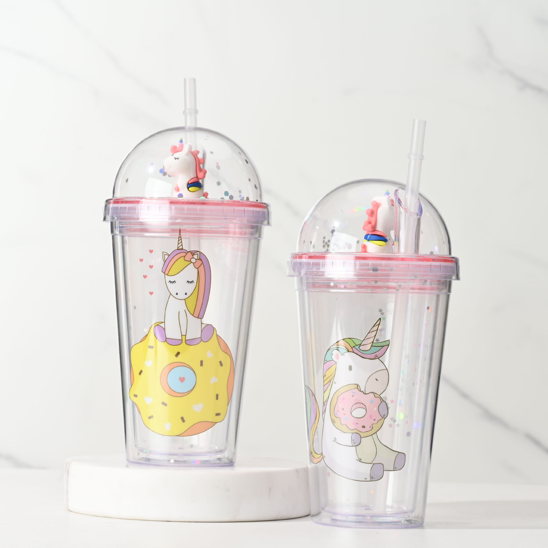 Internet celebridad de dibujos animados unicornio taza de agua de doble capa de plástico de hielo taza de trituración taza de paja taza de alto aspecto estudiante taza de los niños