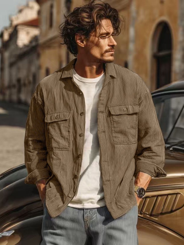 Camisas de pana en otoño e invierno, moda masculina, calle alta, cardigan de botón, abrigo de rayas, exportación transfronteriza masculina