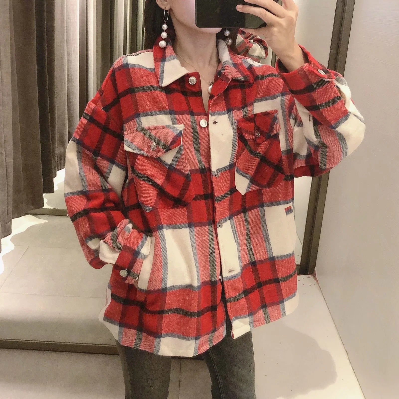 Giacca donna stile camicia a quadri giacca casual con risvolto_voghion.com