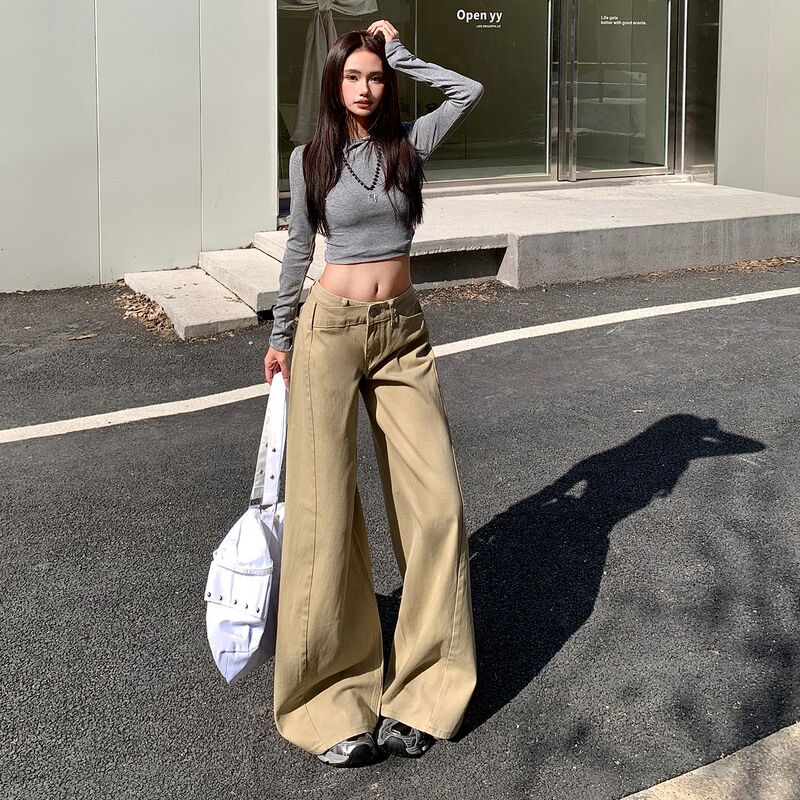 Light Khaki American Retro 2026 New Style Irregular Low-Waist Design Loose Wide-Leg Jeans for Women