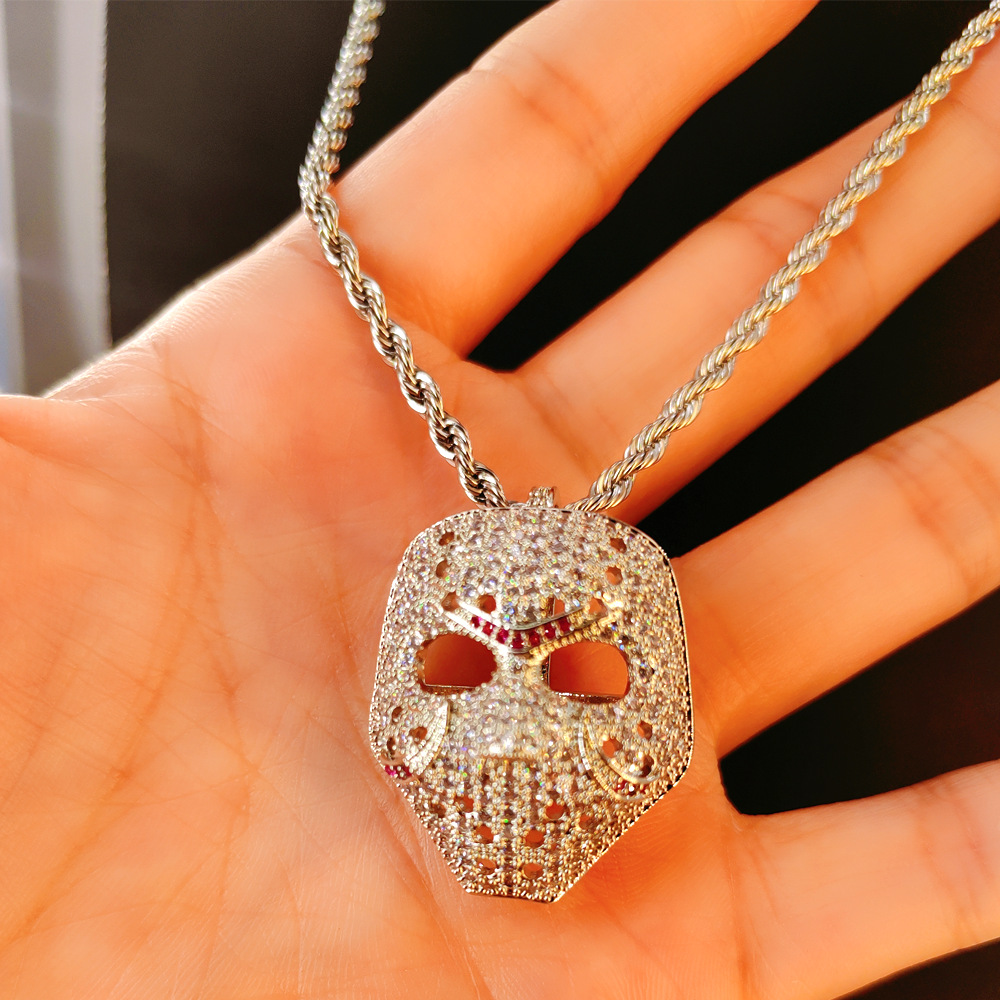 Copper inlaid zirconium masquerade dance mask pendant, luxurious and versatile hip-hop personality pendant necklace for_voghion.com