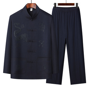 Spring and Autumn Long-Sleeved Shirts, Tang Suit Suits, Middle-Aged and Elderly Dad Suits, Chinese Style Hanfu Grandpa Two-Piece Suits Wholesale