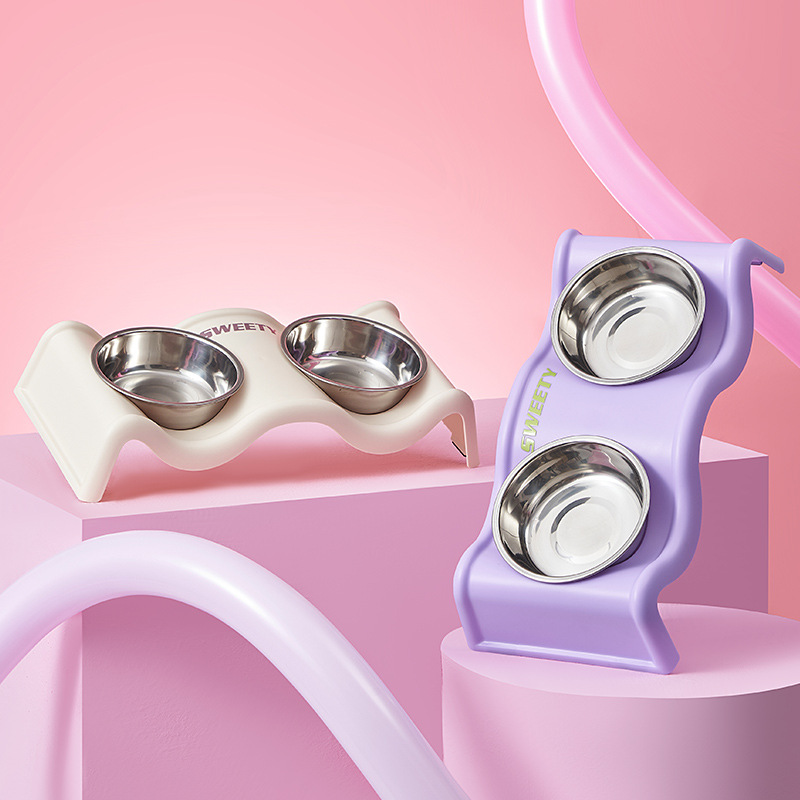 Perro de acero inoxidable doble tazón antideslizante anti-derribado tazón de mascotas en forma de onda cuello protector de gato tazón de gran capacidad tazón de perro al por mayor