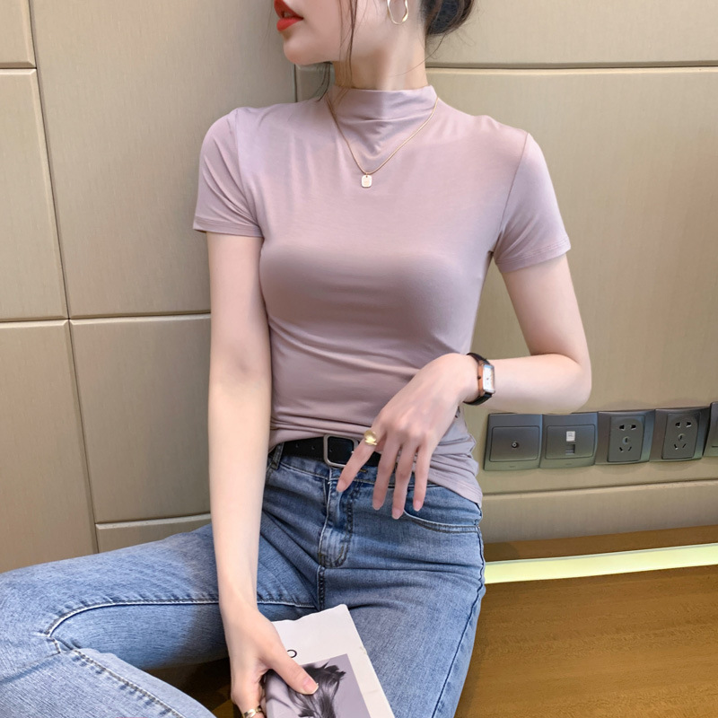 여성용 모달 하프 터틀넥 반팔 티셔츠 2024 봄 여름 신작 얇은 바닥 셔츠 아이스 실크 미드 칼라 타이트 탑