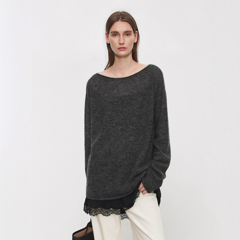 Th～Row Atmosphere Aesthetics Skin-Friendly Alpaca Wool Lightweight Layered Natural Rolled Edge Pointed U-Neck Sweater for Women