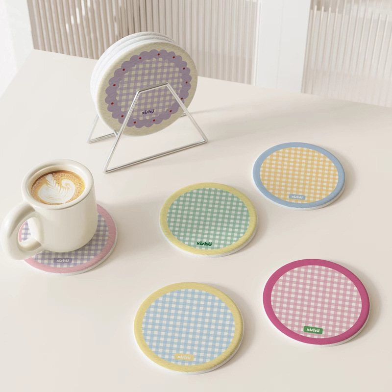 Ins韓風円形格子硬珪藻泥コーヒー茶水カップマット断熱マットオフィス滑り止め吸水マット|undefined