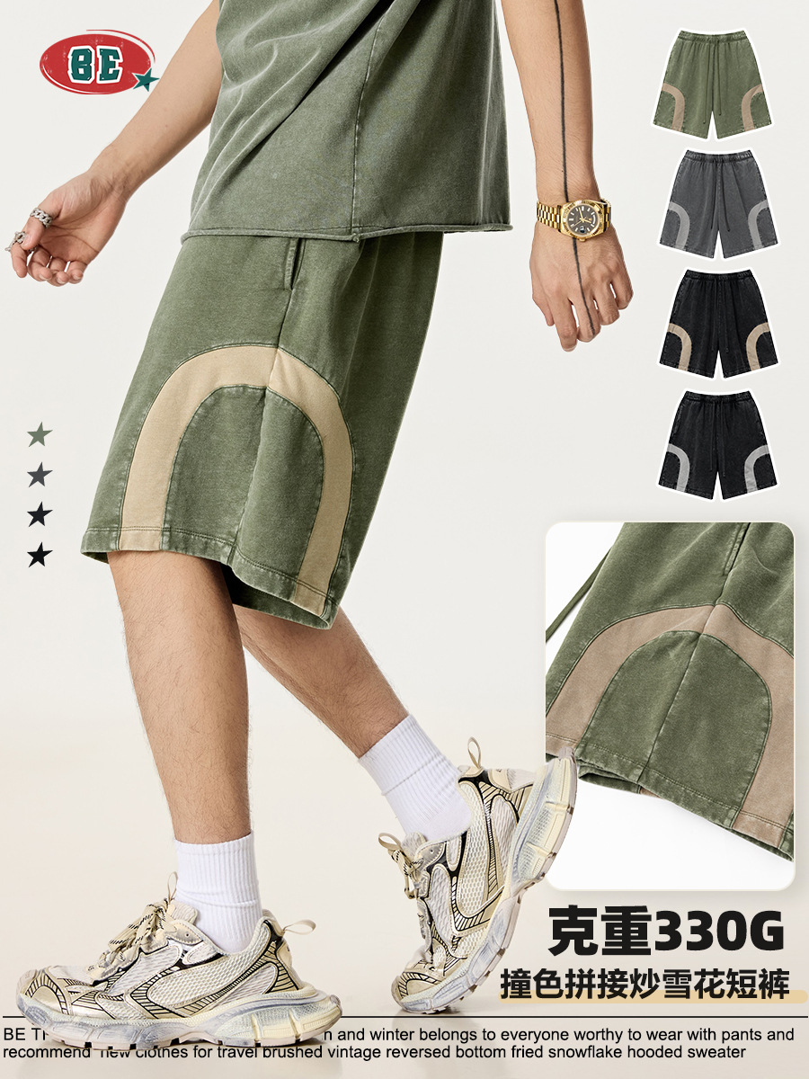 Ropa para Hombre BE | Pantalones Cortos de Verano 2025, Estilo Hip-Hop Y2K, Diseño de Bloques de Color, Holgados, Rectos, Cinco Bolsillos, Moda Masculina Casual
