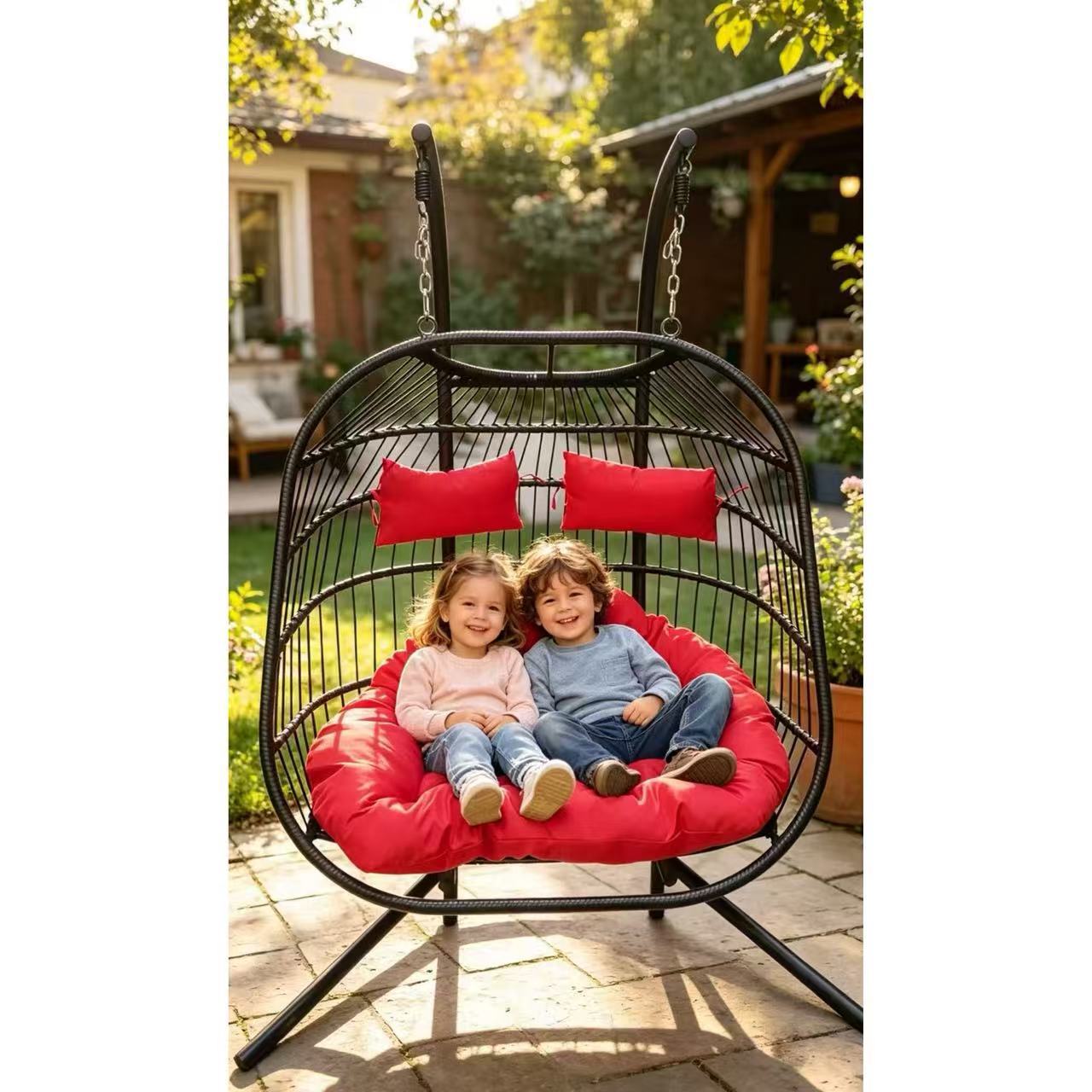 Elegante patio plegable y desmontable columpio doble silla de huevo de Ratán tejida individual salida de silla de nido de pájaro de cesta colgante de ocio moderno image 15