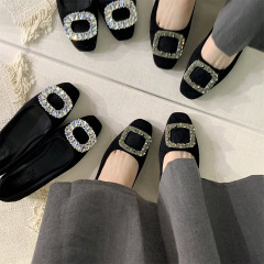 高跟方頭水鑽高級感單鞋女鞋子2024新款秋冬季黑色氣質粗跟通勤鞋