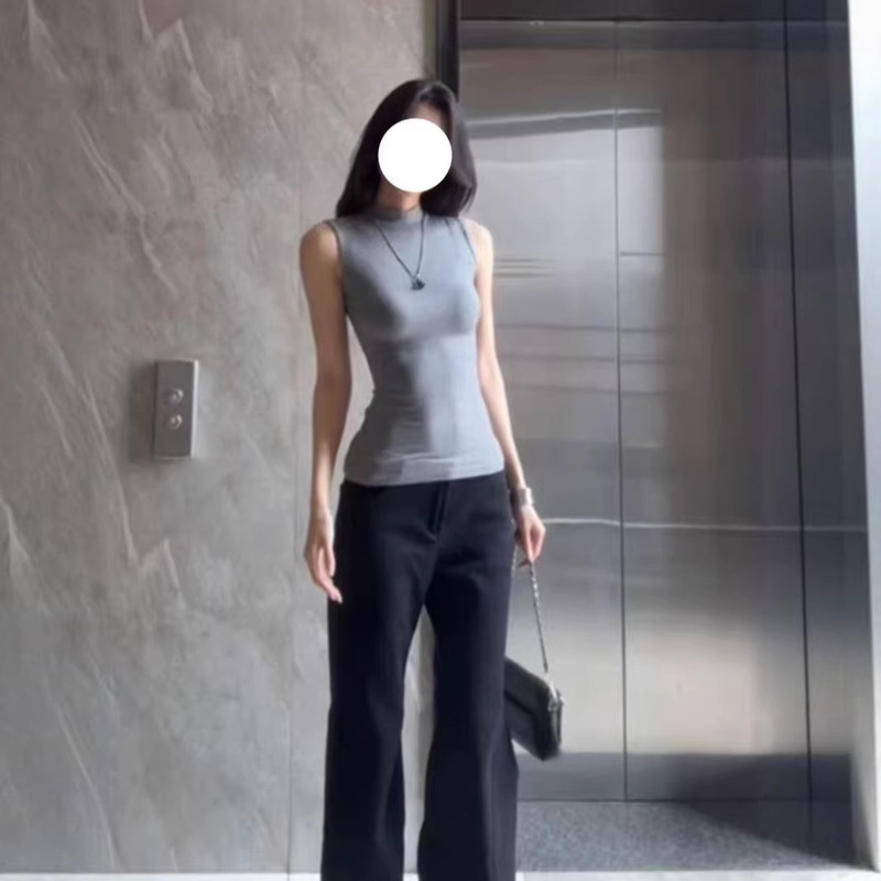 American-Style Spicy Girl Gray Half-High Collar Sleeveless Tank Top T-Shirt for Women, Summer Stretchy Slim-Fit Unique Base Shirt Top