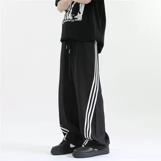 韩版高街潮流三条杆设计感条纹休闲裤男薄款宽松百搭阔腿运动裤女