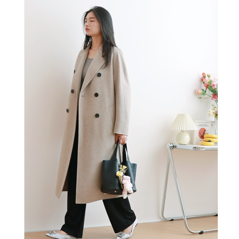 Social Queen m's Classic 801 Cocoon-Shaped Pure Cashmere Double-Sided Woolen Outwear Elegant Double-Breasted Outwear for Women