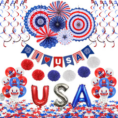 2023美國國慶派對裝飾USA拉旗氣球紙花球套裝獨立日慶典布置紙屑