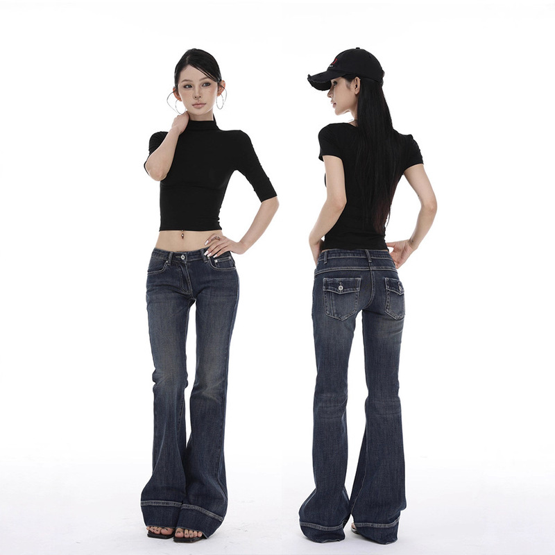 Spring and Autumn American Retro Mid-Low Waist Slim Fit Stretch Washed Blue Flared Jeans Trendy