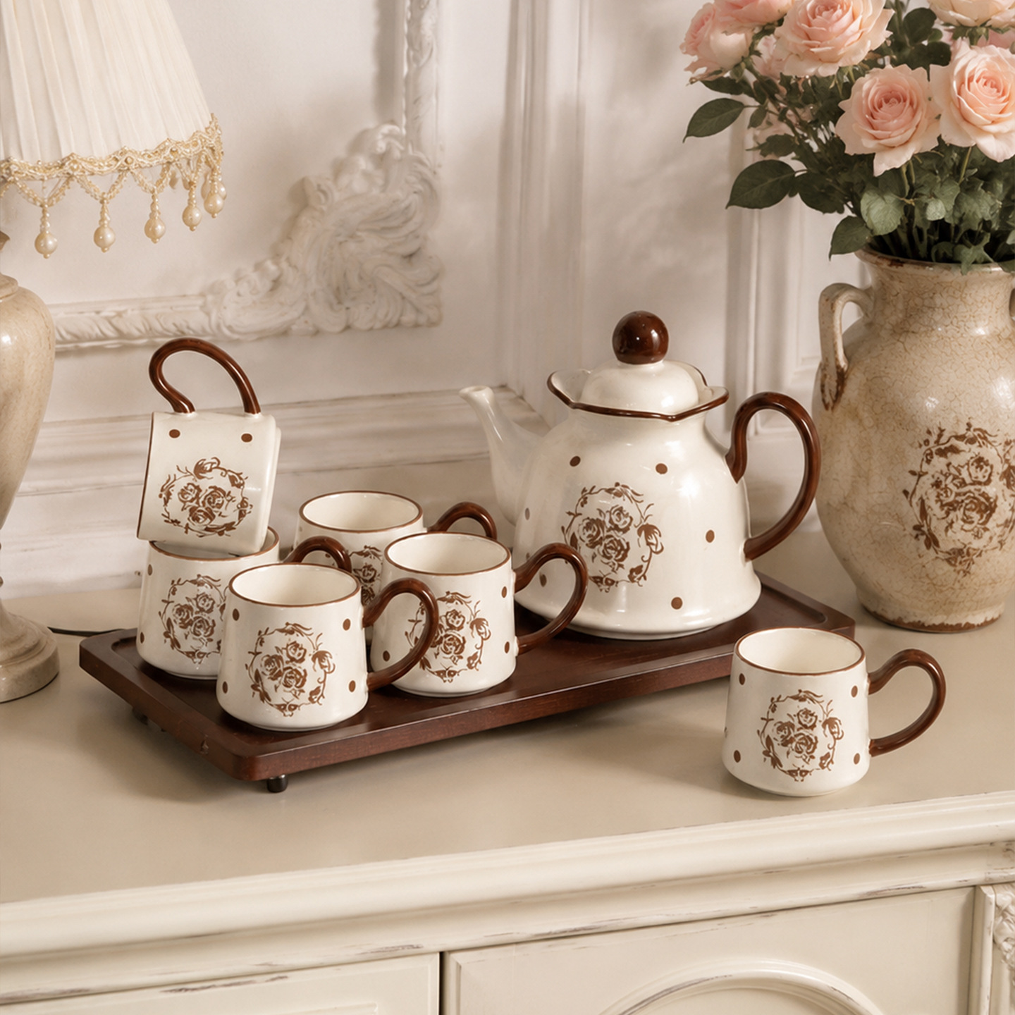 High-quality ceramic water set for home use, suitable for living rooms and entertaining guests; includes a teapot, cold water pitcher, and water glasses; a perfect housewarming gift