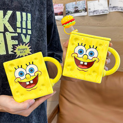 Cute SpongeBob Cartoon Ceramic Water Cup for Girls, Portable Office Coffee Straw Mug, Student-Style Mugs