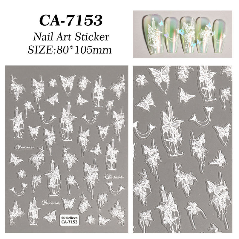 白色仙气蝴蝶美甲贴纸5D浮雕立体纯洁星月蝴蝶指甲贴纸饰品 CA款|undefined